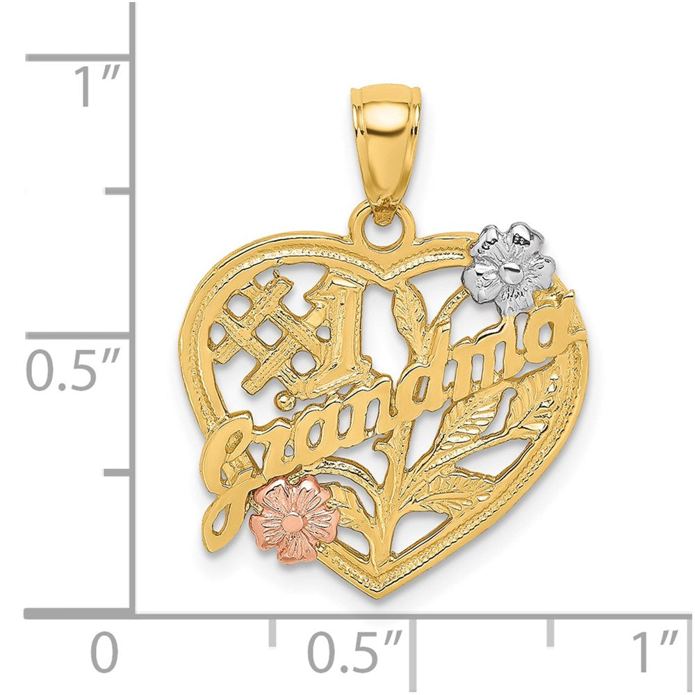 14k Two-tone Gold White Rhodium #1 GRANDMA On Heart w/ Flower Charm