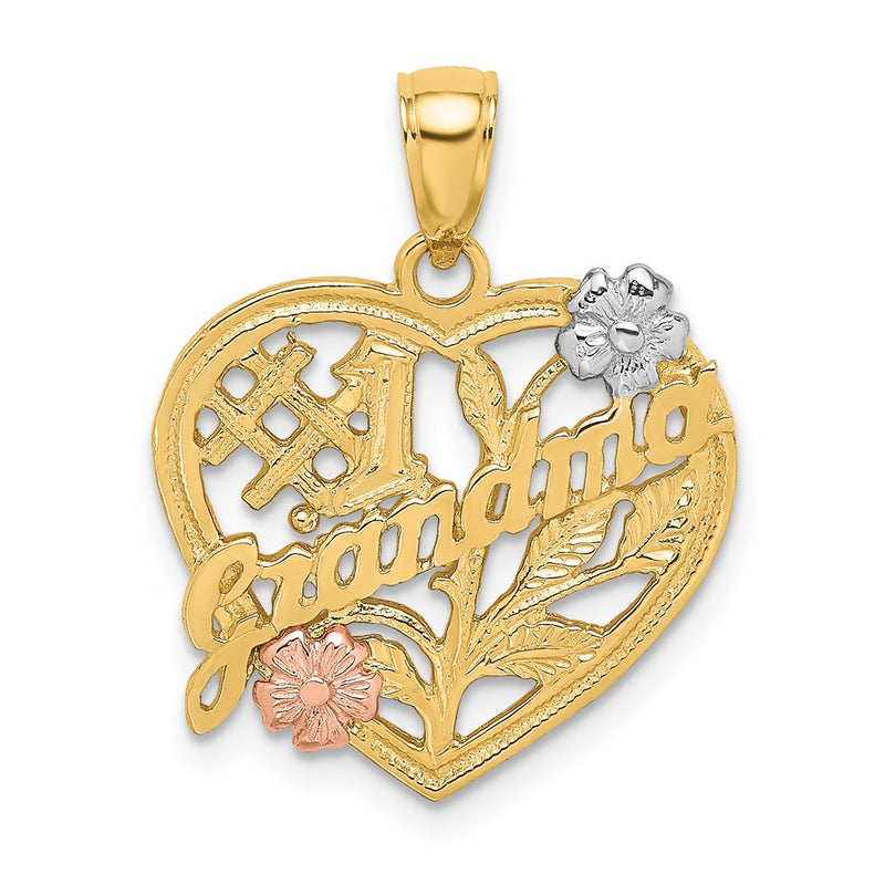 14k Two-tone Gold White Rhodium #1 GRANDMA On Heart w/ Flower Charm