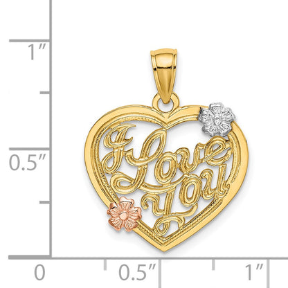 14k Two-tone Gold w/White Rhodium I LOVE YOU Heart w/Flowers Charm