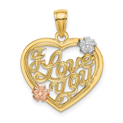 14k Two-tone Gold w/White Rhodium I LOVE YOU Heart w/Flowers Charm