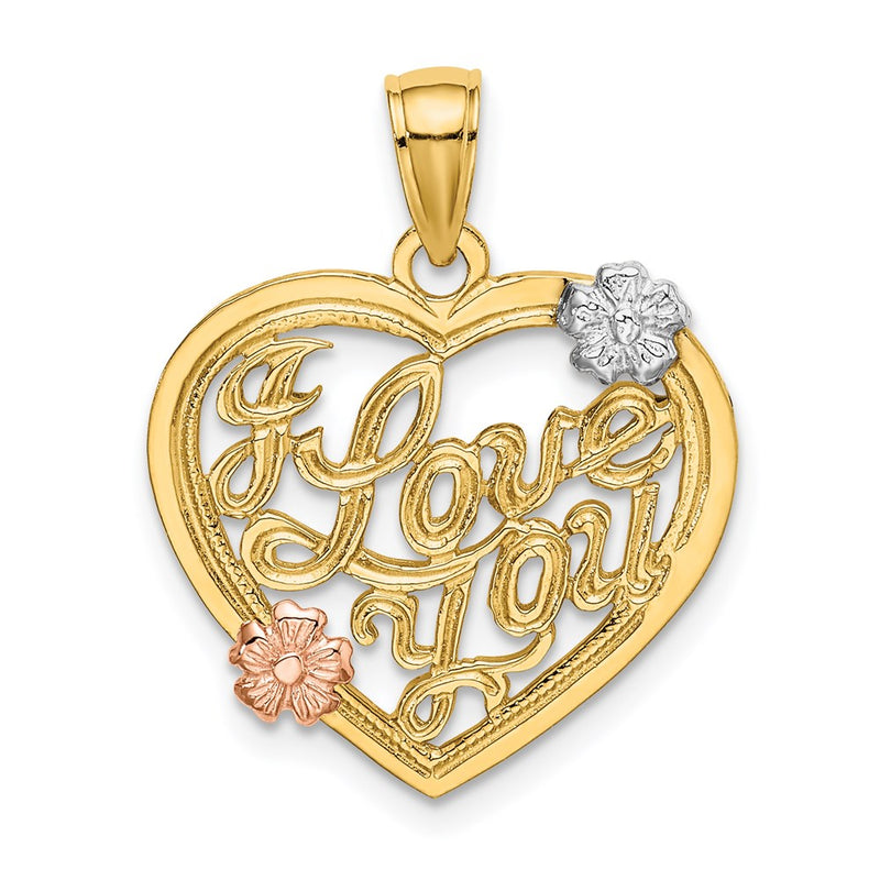 14k Two-tone Gold w/White Rhodium I LOVE YOU Heart w/Flowers Charm