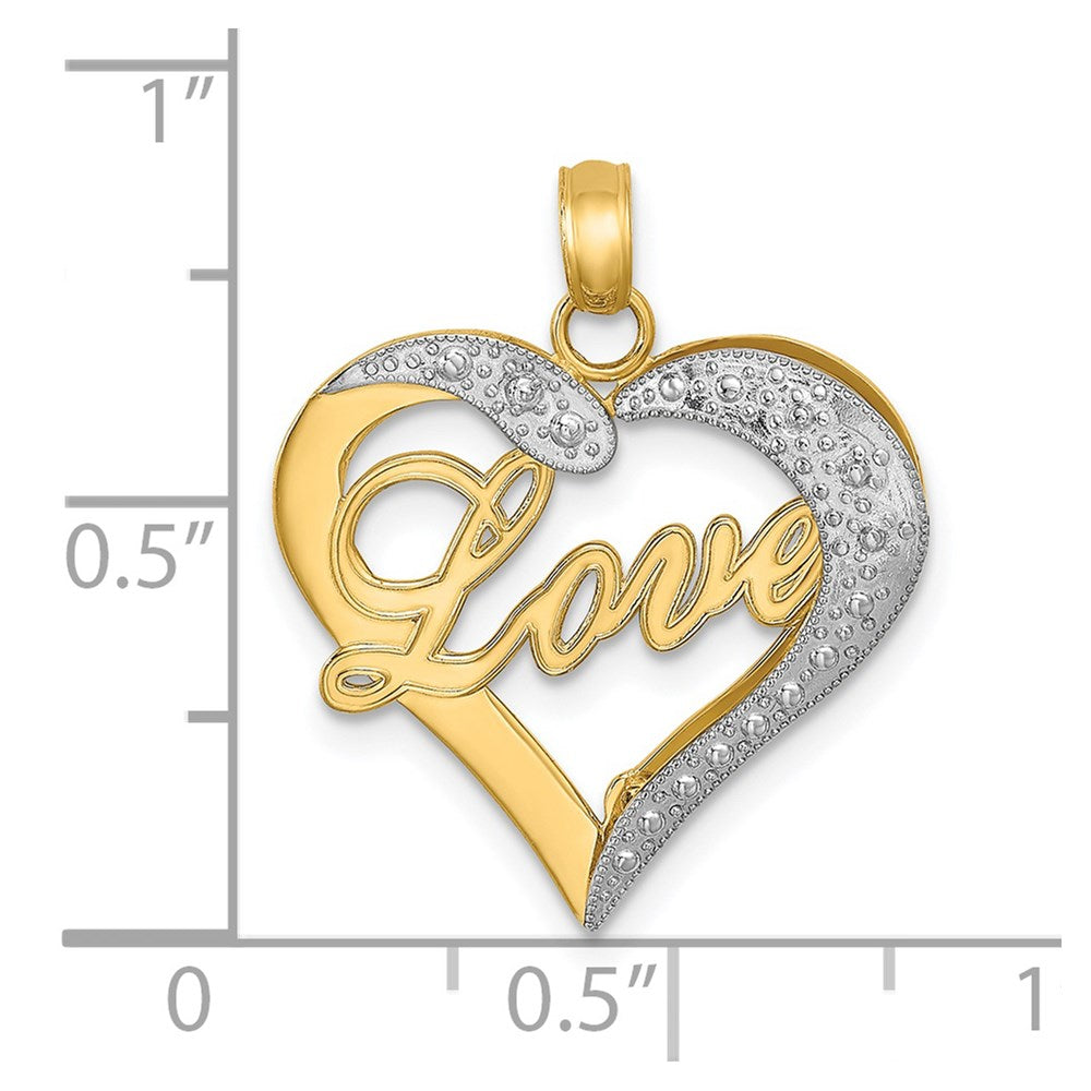 14k Yellow & Rhodium Gold with White Rhodium Heart Diamond-cut LOVE Charm