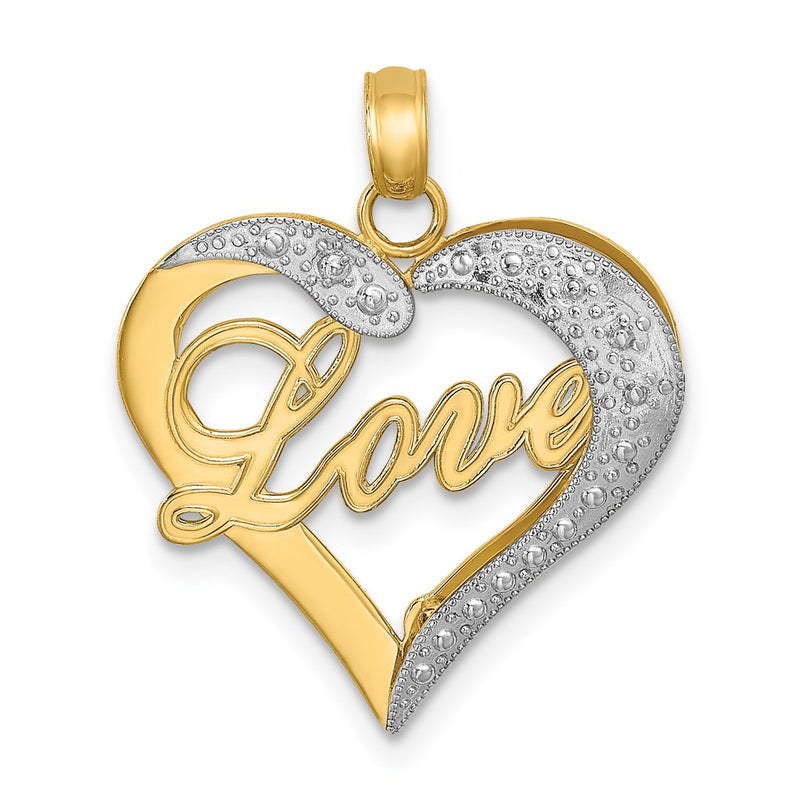 14k Yellow & Rhodium Gold with White Rhodium Heart Diamond-cut LOVE Charm