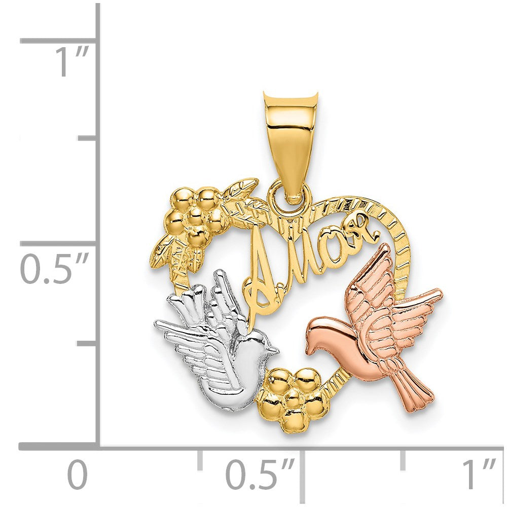 14k Two-tone Gold w/White Rhodium AMOR Heart w/Doves Charm