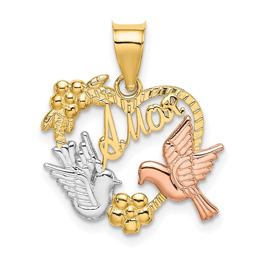 14k Two-tone Gold w/White Rhodium AMOR Heart w/Doves Charm