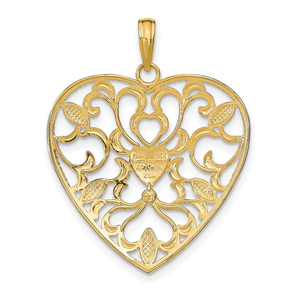 14k Yellow & Rhodium Gold w/Rhodium Filigree Leaf Accent Heart Charm