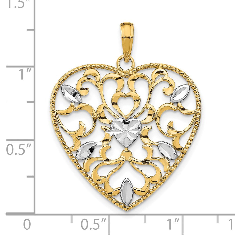 14k Yellow & Rhodium Gold w/Rhodium Filigree Leaf Accent Heart Charm