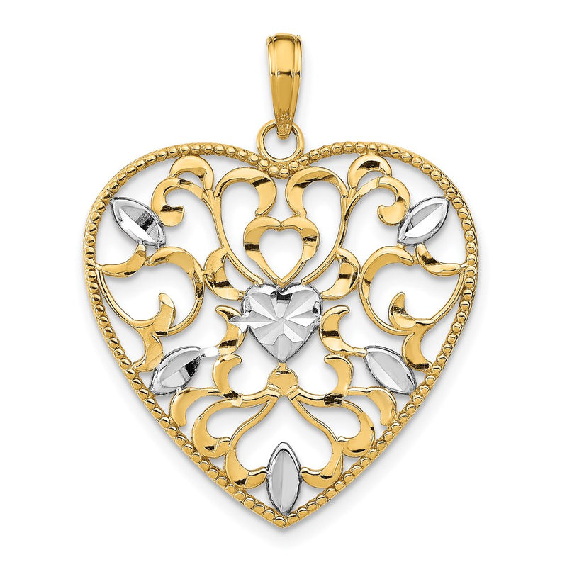 14k Yellow & Rhodium Gold w/Rhodium Filigree Leaf Accent Heart Charm