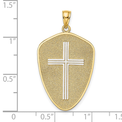 14k Yellow & Rhodium Gold w/Rhodium Cross Shield W/ Joshua 1:9 On Reverse Charm