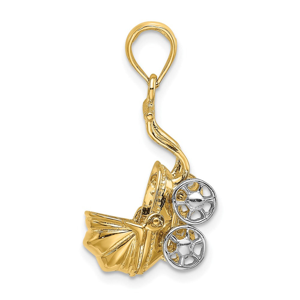 14k Yellow & Rhodium Gold w/ Rhodium 3-D Baby Stroller w/ Moveable Wheels Charm
