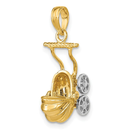 14k Yellow & Rhodium Gold w/ Rhodium 3-D Baby Stroller w/ Moveable Wheels Charm
