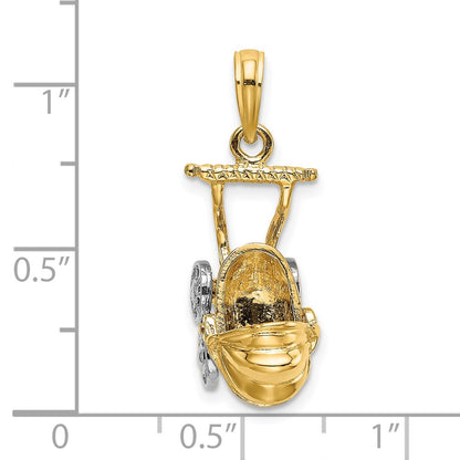 14k Yellow & Rhodium Gold w/ Rhodium 3-D Baby Stroller w/ Moveable Wheels Charm