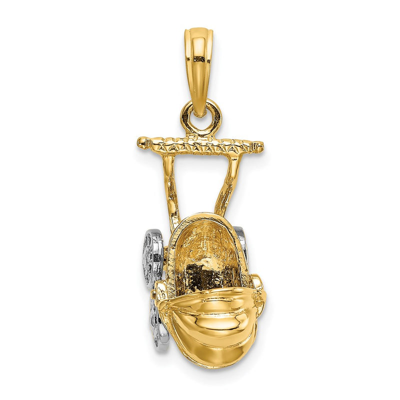 14k Yellow & Rhodium Gold w/ Rhodium 3-D Baby Stroller w/ Moveable Wheels Charm