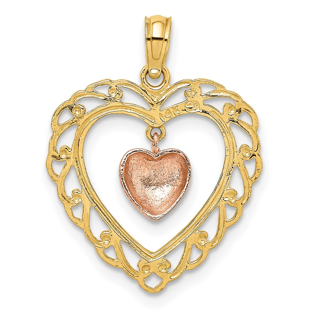 14k Two-tone Gold Yellow and Rose Gold Polished Dangling Heart In Heart Charm