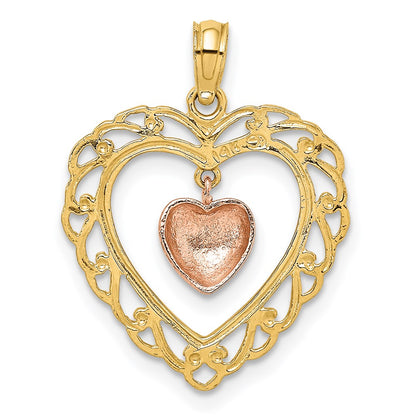 14k Two-tone Gold Yellow and Rose Gold Polished Dangling Heart In Heart Charm