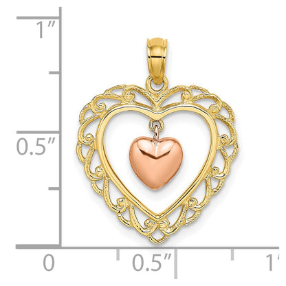 14k Two-tone Gold Yellow and Rose Gold Polished Dangling Heart In Heart Charm