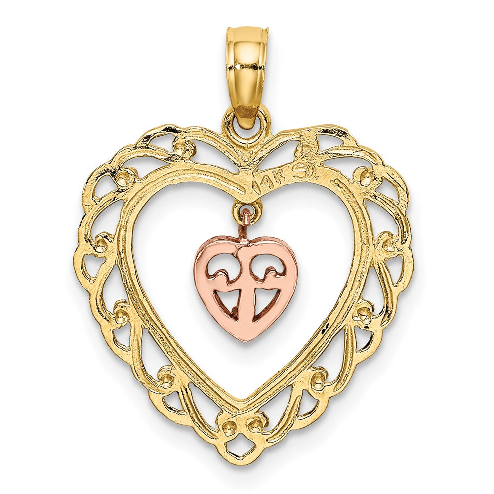 14k Two-tone Gold Two-tone Gold Diamond-cut Mini Heart In Center Heart Charm