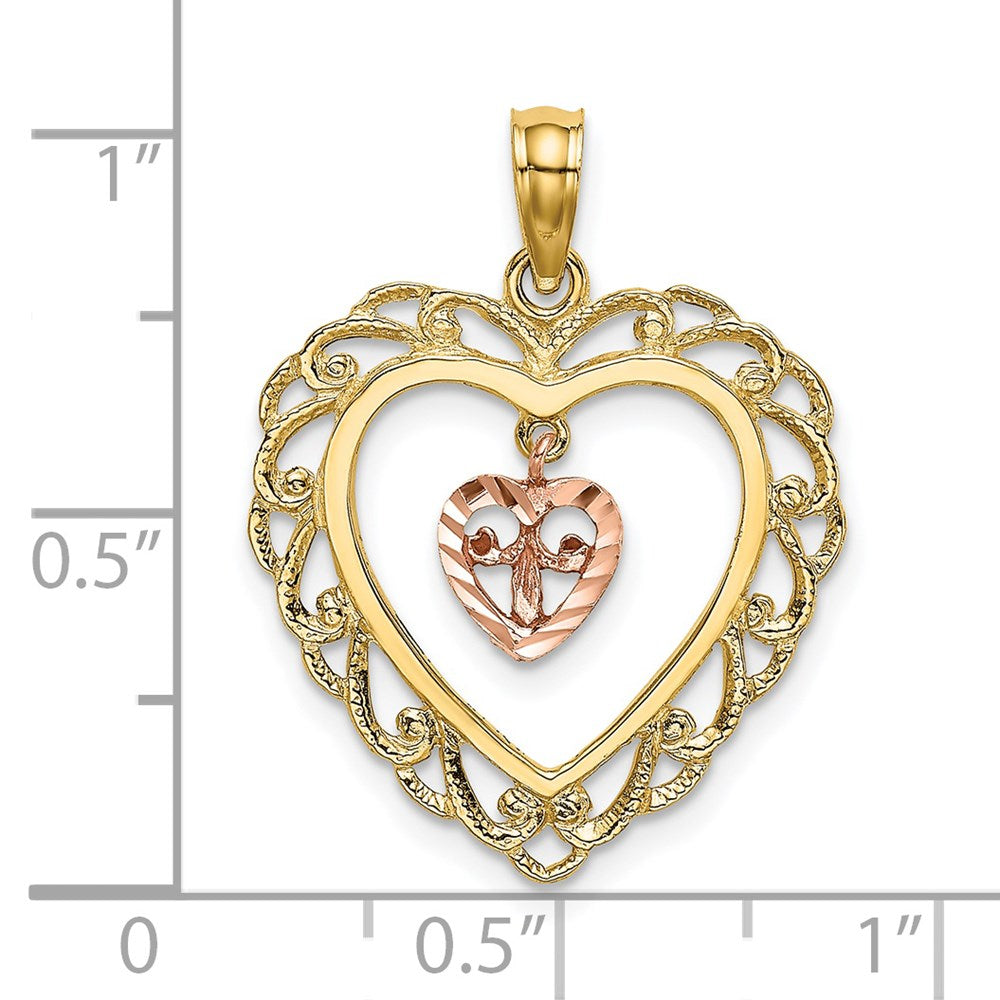 14k Two-tone Gold Two-tone Gold Diamond-cut Mini Heart In Center Heart Charm