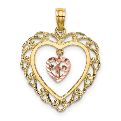 14k Two-tone Gold Two-tone Gold Diamond-cut Mini Heart In Center Heart Charm