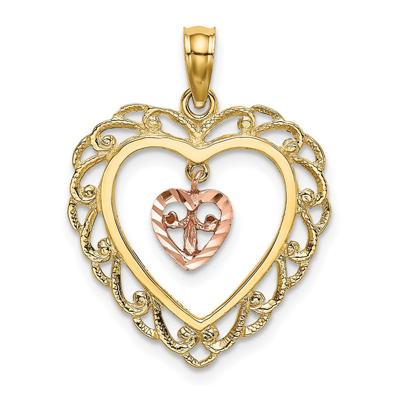 14k Two-tone Gold Two-tone Gold Diamond-cut Mini Heart In Center Heart Charm