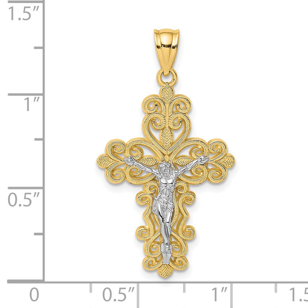 14k Two-tone Gold W/ Rhodium Filigree Crucifix Charm