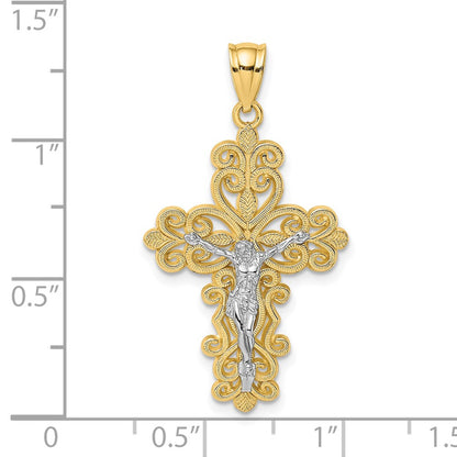 14k Two-tone Gold W/ Rhodium Filigree Crucifix Charm
