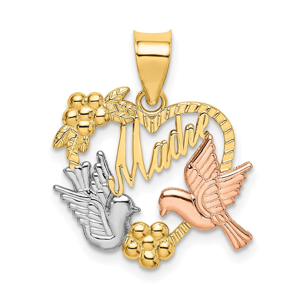 14k Two-tone Gold w/White Rhodium MADRE Heart w/Doves Charm