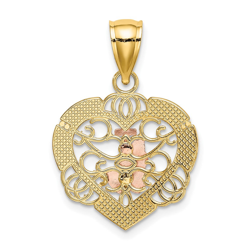 14k Two-tone Gold w/White Rhod Praying Hands and Cross Heart Charm