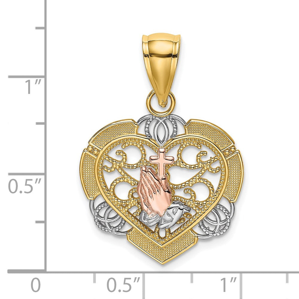 14k Two-tone Gold w/White Rhod Praying Hands and Cross Heart Charm
