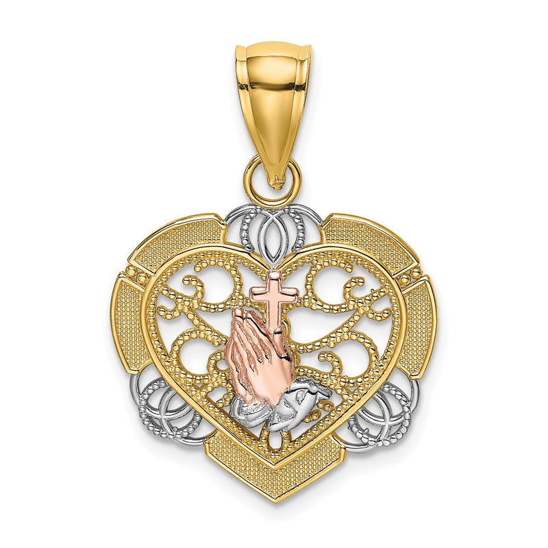 14k Two-tone Gold w/White Rhod Praying Hands and Cross Heart Charm