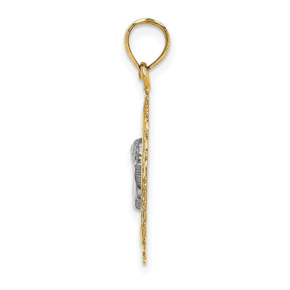14k Yellow & Rhodium Gold W/Rhodium Round Engraved Disc Cherub Charm