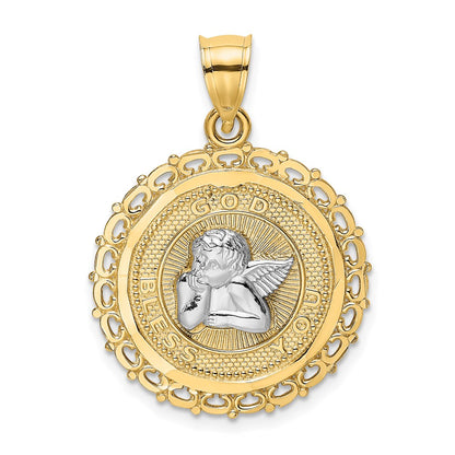 14k Yellow & Rhodium Gold W/Rhodium Round Engraved Disc Cherub Charm
