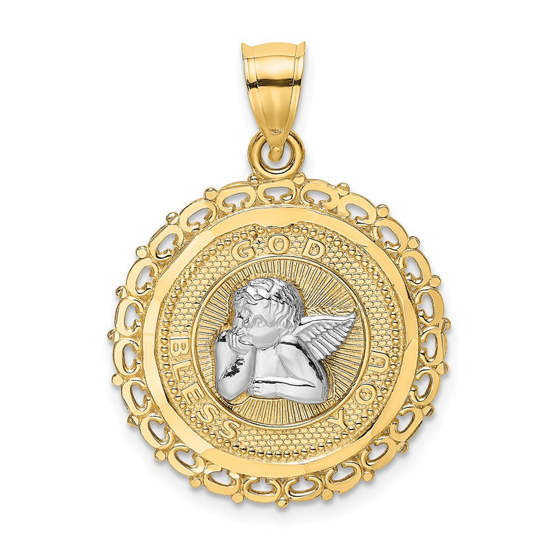14k Yellow & Rhodium Gold W/Rhodium Round Engraved Disc Cherub Charm