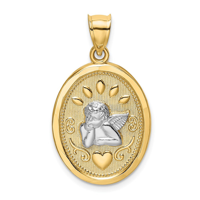14k Yellow & Rhodium Gold w/Rhodium Oval Cherub W/ Heart Charm