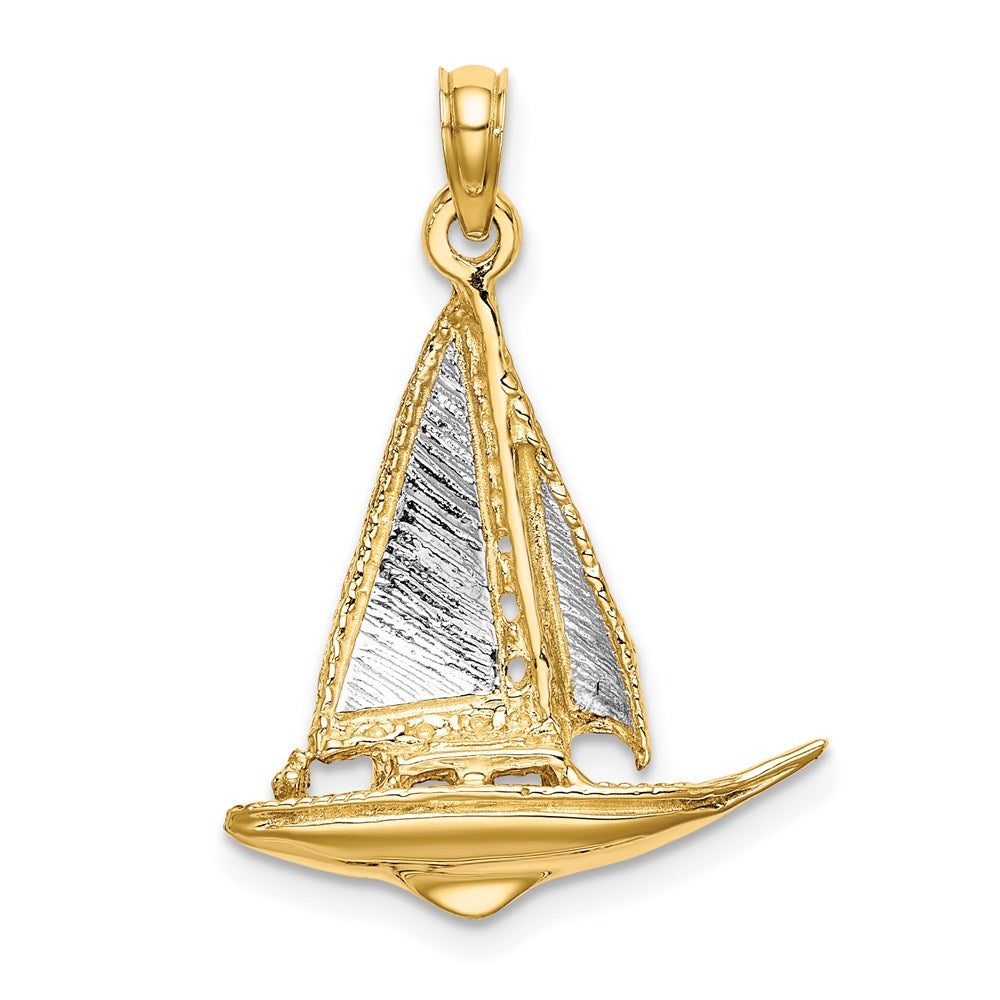 14k Yellow & Rhodium Gold W/ Rhodium 3-D Polished Sailboat Charm