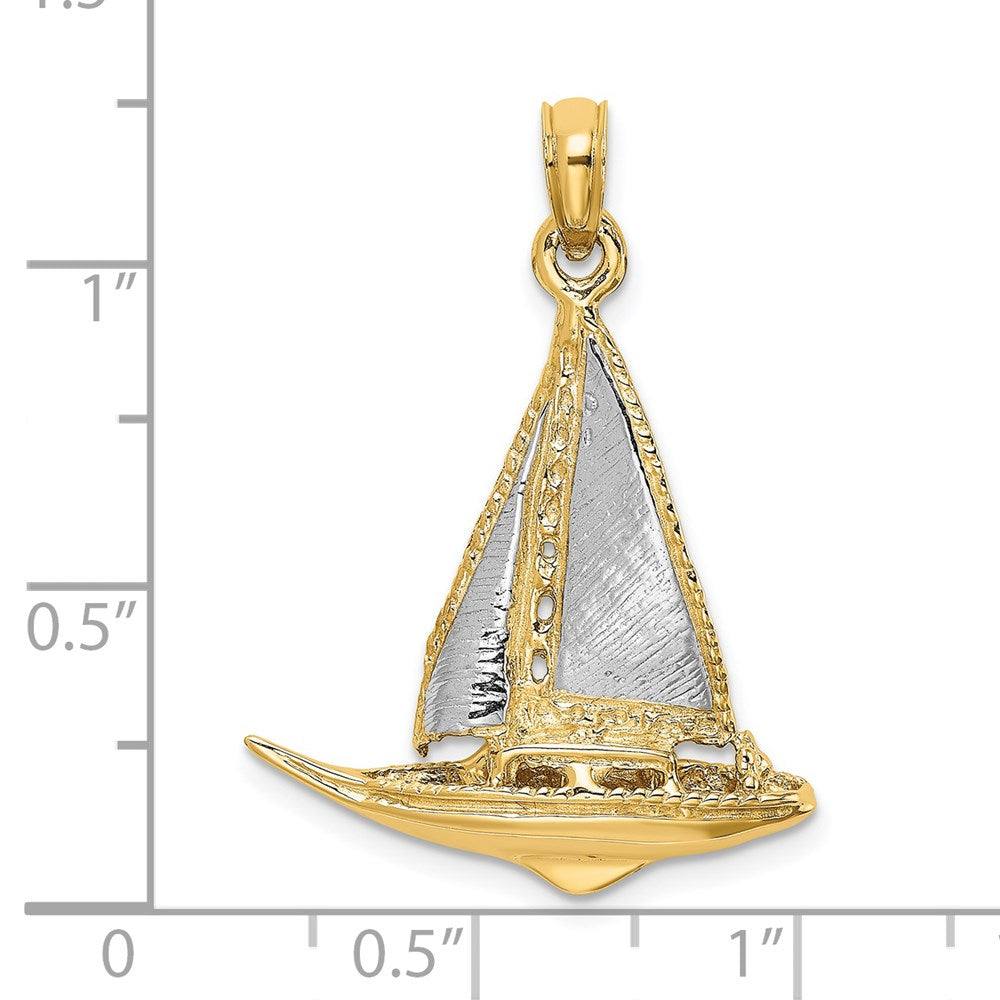 14k Yellow & Rhodium Gold W/ Rhodium 3-D Polished Sailboat Charm