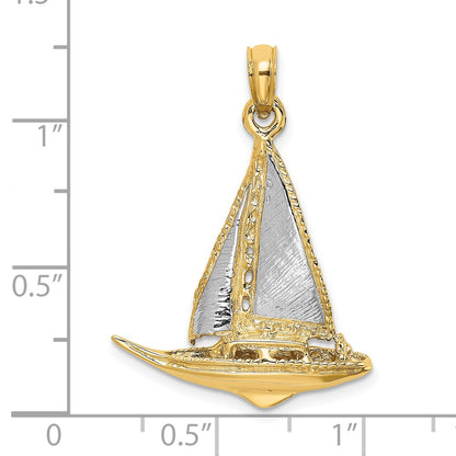 14k Yellow & Rhodium Gold W/ Rhodium 3-D Polished Sailboat Charm
