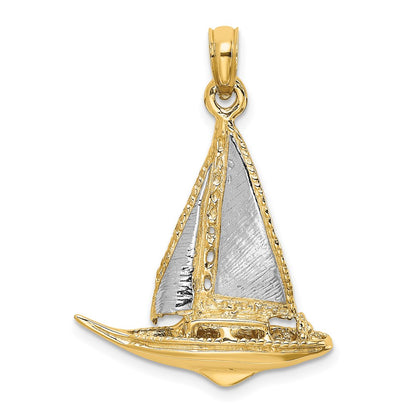 14k Yellow & Rhodium Gold W/ Rhodium 3-D Polished Sailboat Charm