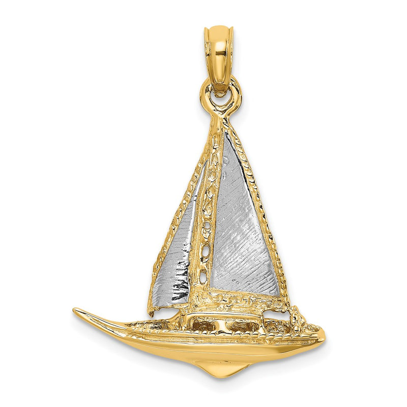 14k Yellow & Rhodium Gold W/ Rhodium 3-D Polished Sailboat Charm
