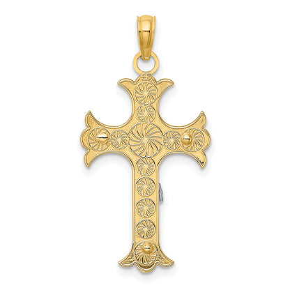 14k Two-tone Gold W/ Rhodium Engraved Crucifix Charm