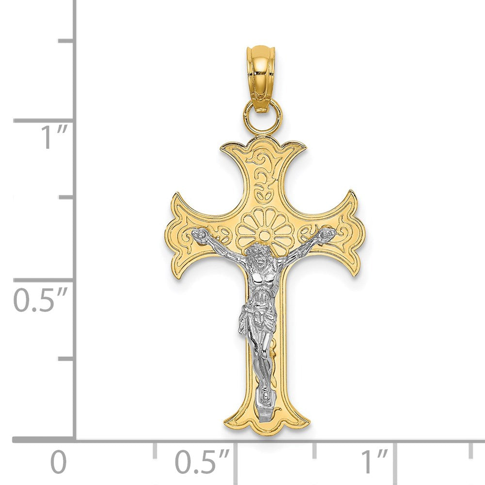 14k Two-tone Gold W/ Rhodium Engraved Crucifix Charm