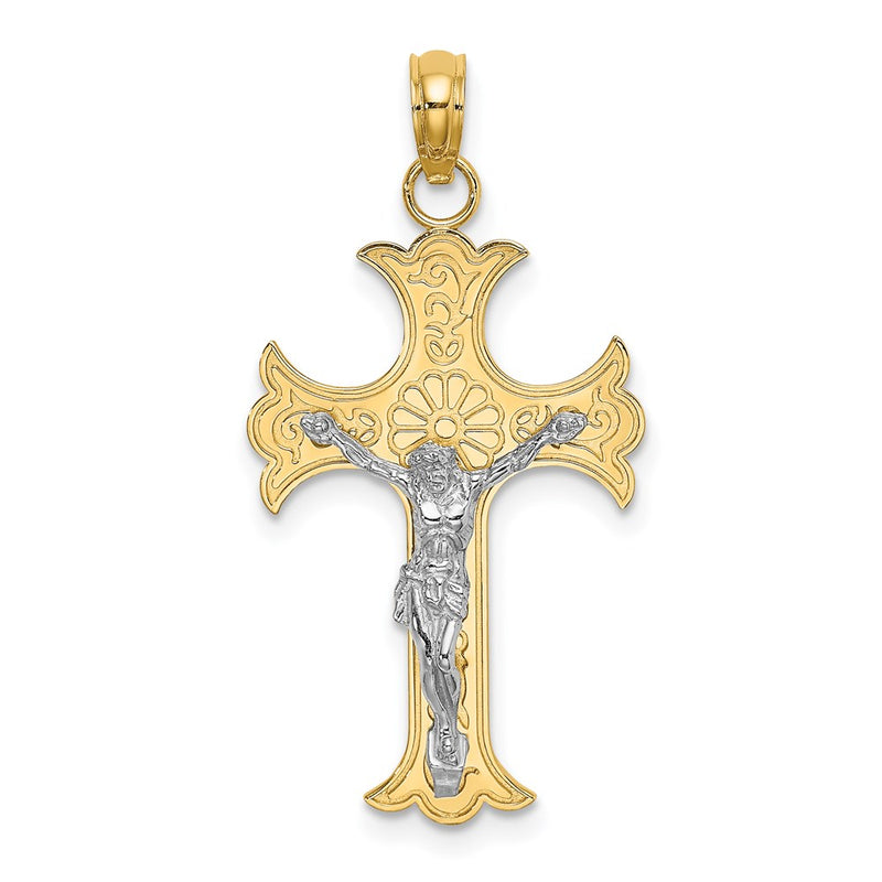 14k Two-tone Gold W/ Rhodium Engraved Crucifix Charm