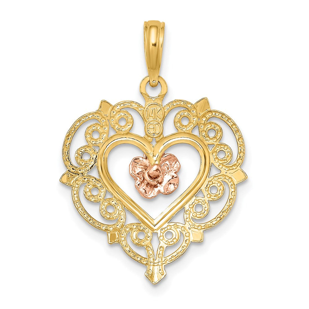 14k Two-tone Gold Rose and Yellow Gold Flower and Heart Charm