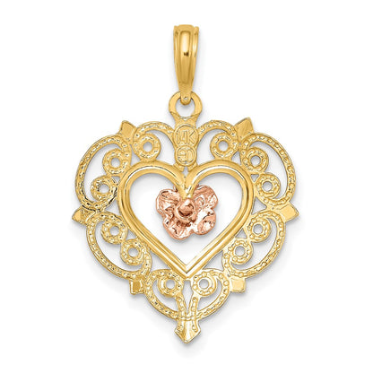 14k Two-tone Gold Rose and Yellow Gold Flower and Heart Charm