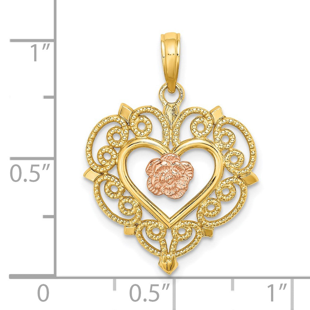 14k Two-tone Gold Rose and Yellow Gold Flower and Heart Charm