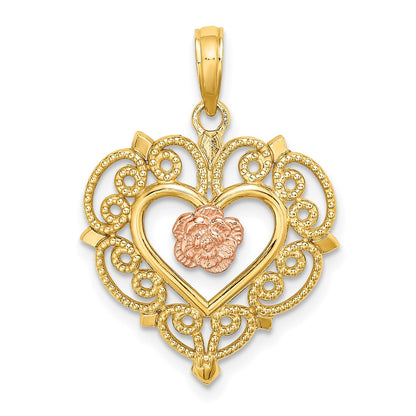 14k Two-tone Gold Rose and Yellow Gold Flower and Heart Charm