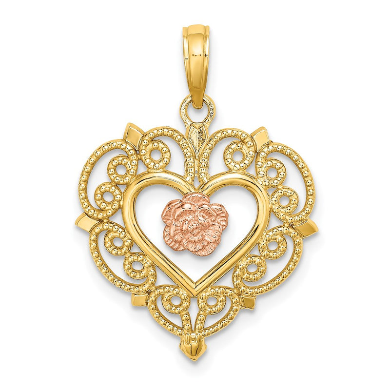 14k Two-tone Gold Rose and Yellow Gold Flower and Heart Charm