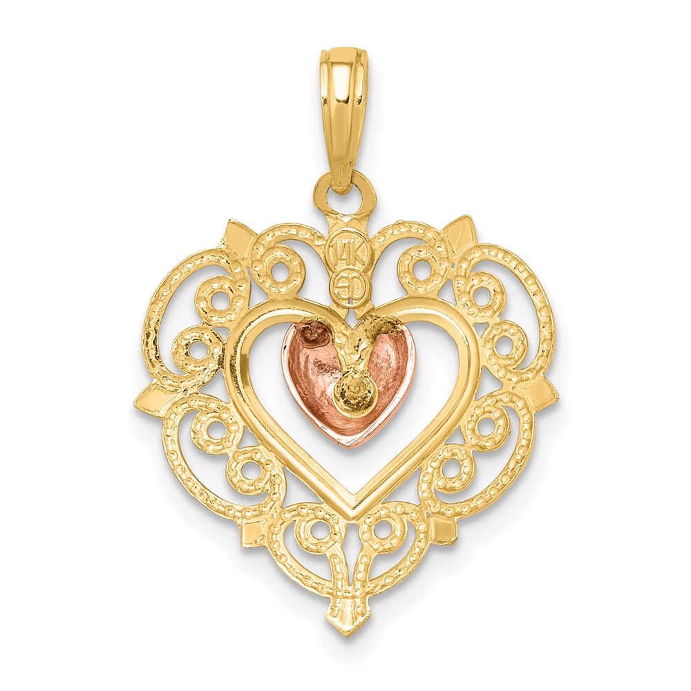 14k Two-tone Gold Yellow and Rose Gold Heart w/ Lace Trim Charm