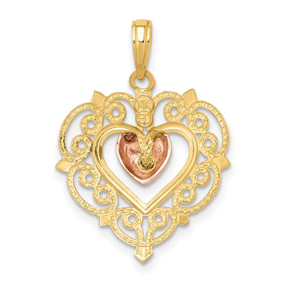 14k Two-tone Gold Yellow and Rose Gold Heart w/ Lace Trim Charm