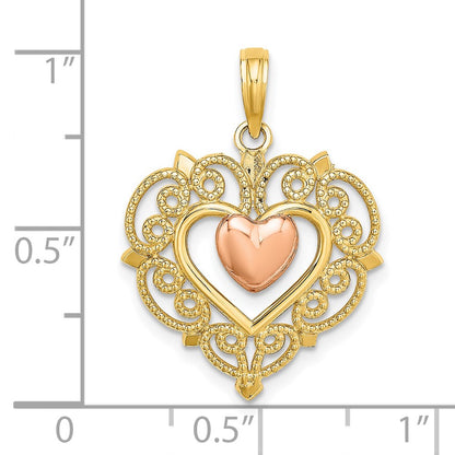 14k Two-tone Gold Yellow and Rose Gold Heart w/ Lace Trim Charm